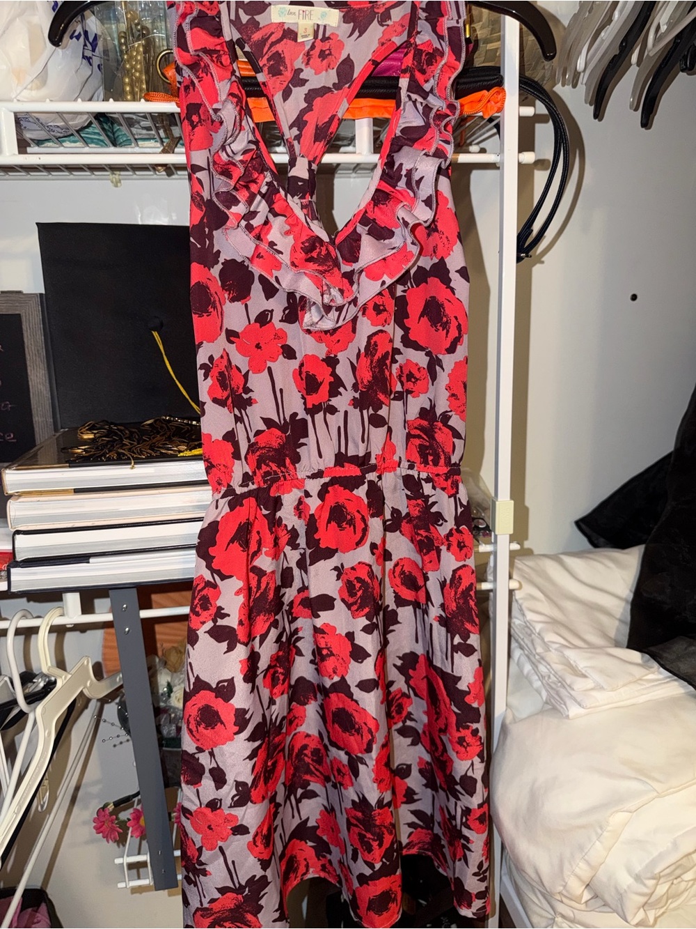 love, Fire Red Floral Ruffle V-Neck Mini Dress